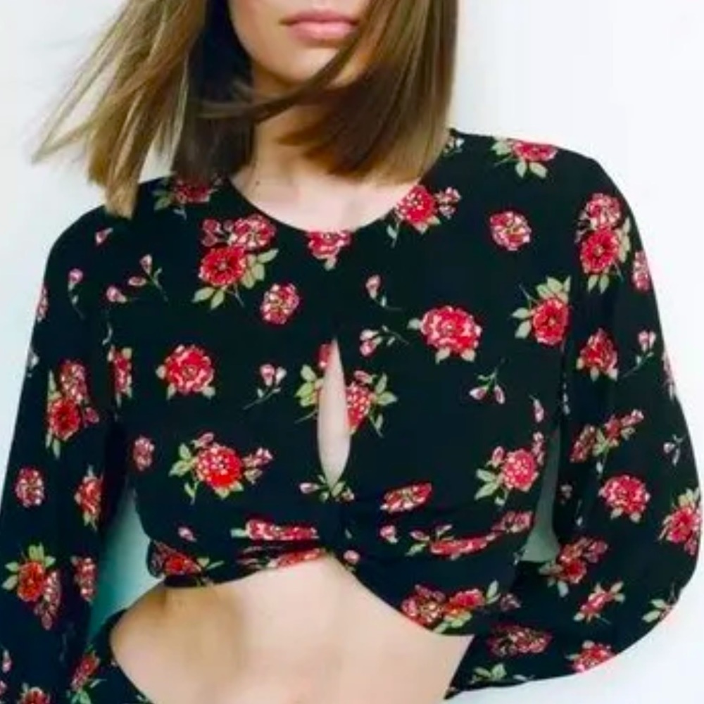Zara cropped twist, not front long sleeved rose floral top